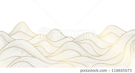 Vector gold on white wavy luxury graphic. Line water, ocean background, premium sea ornament 118685073