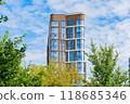 Facade of a modern residential building, building texture 118685346
