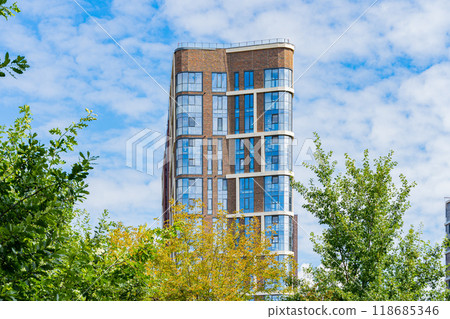 Facade of a modern residential building, building texture 118685346