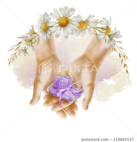 A woman's hands held with love and tenderness a pair of knitted socks in purple color and purple silk ribbon in a bow.Baby booties for newborn baby's feet.watercolor clip art on transparent background A woman's hands held with love and tenderness a pair of knitted socks in purple color and purple silk ribbon in a bow.Baby booties for newborn baby's feet.watercolor clip art on transparent background 118685537