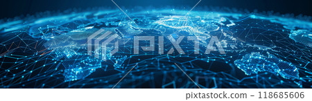 network lines and dots of global connectivity and data transmission. 118685606