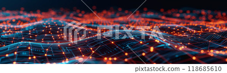network lines and dots of global connectivity and data transmission. 118685610