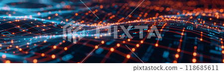 network lines and dots of global connectivity and data transmission. 118685611