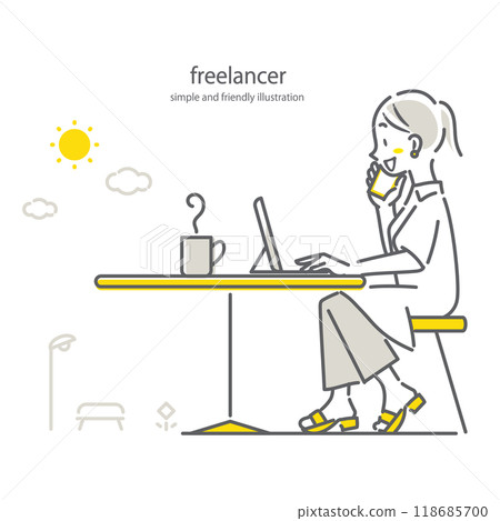 自由職業女性在公園的一家咖啡館自由工作。 118685700