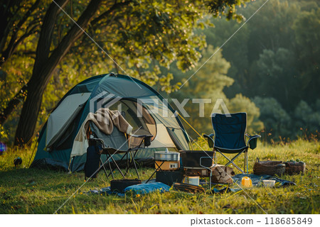 Camping outdoors with lots of sunlight. tent, chairs, a tent BBQ rack, and more 118685849