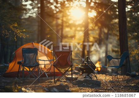 Camping outdoors with lots of sunlight. tent, chairs, a tent BBQ rack, and more 118685867