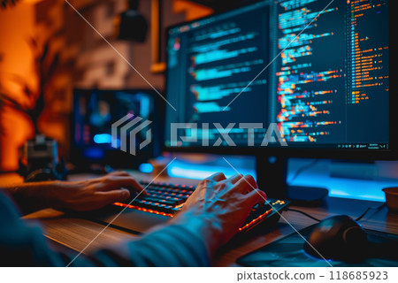 Programmer is hands on keyboard writing source code, on screen monitor showing writing code 118685923