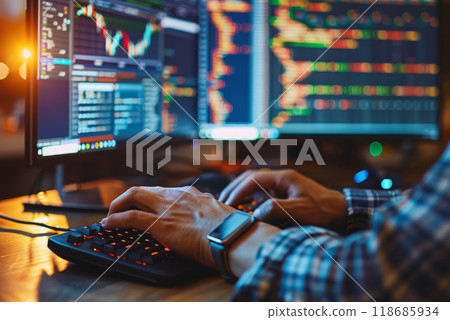 Programmer is hands on keyboard writing source code, on screen monitor showing writing code 118685934