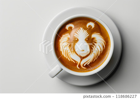 top-view, white coffee cup, any latte art in a cup on the table. top-view, white coffee cup, any latte art in a cup on the table. 118686227