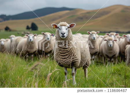 sheep with a farm landscape 118686487