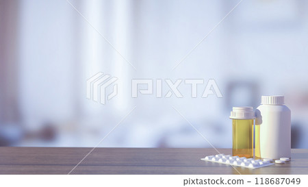 The medicine bottle on wood table for heath and sci concept 3d rendering. The medicine bottle on wood table for heath and sci concept 3d rendering. 118687049