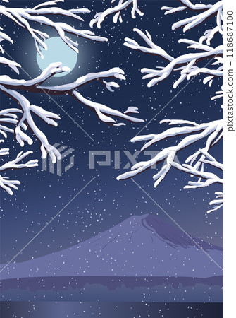 The moon rising over mount Fuji. Night view of a Japanese tourist attraction. Design for travel banners, travel, invitations. Landscape with a midnight starry sky. Realistic vector background. The moon rising over mount Fuji. Night view of a Japanese tourist attraction. Design for travel banners, travel, invitations. Landscape with a midnight starry sky. Realistic vector background. 118687100
