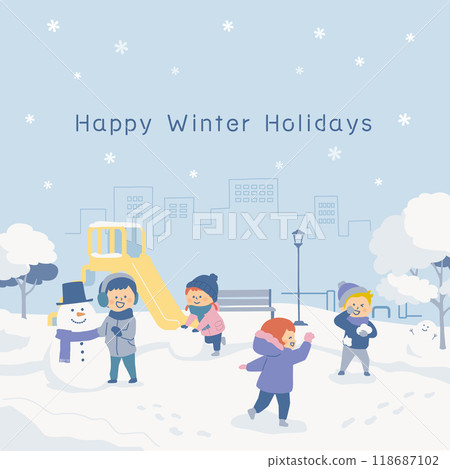 公園雪地裡玩耍的孩子的背景圖 118687102