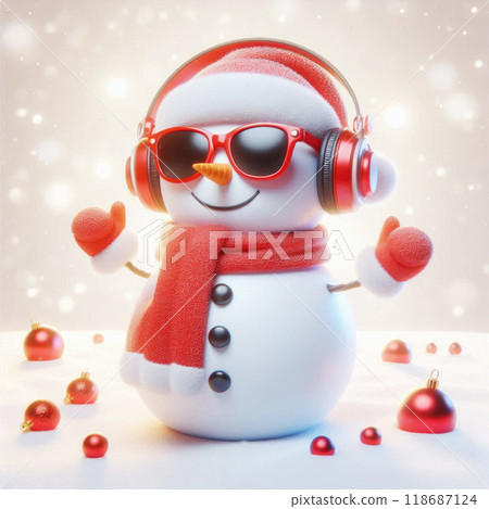 3d dancing snowman in red glasses and with headphones on his head on a white festive background 118687124