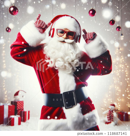 Dancing Santa Claus in red glasses and with headphones on his head on a white festive background Dancing Santa Claus in red glasses and with headphones on his head on a white festive background 118687141
