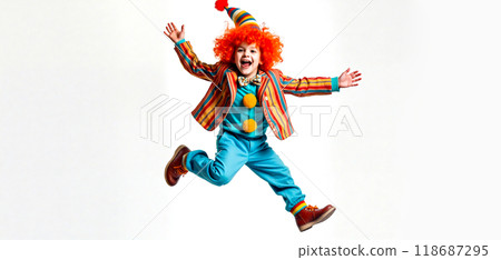 Happy boy wearing clown costume jumping and having fun 118687295
