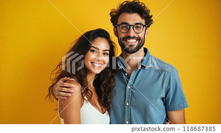 Young couple smiling and embracing on yellow background 118687385