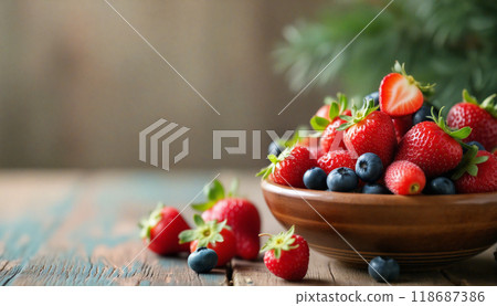 Freshly picked strawberries and blueberries overflowing in rustic bowl 118687386