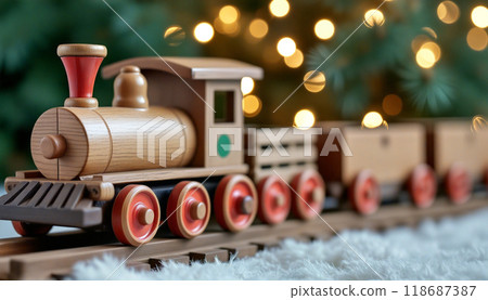 Wooden toy train waiting to be played with on christmas morning Wooden toy train waiting to be played with on christmas morning 118687387