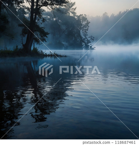 A lake with morning mist flowing through it 118687461