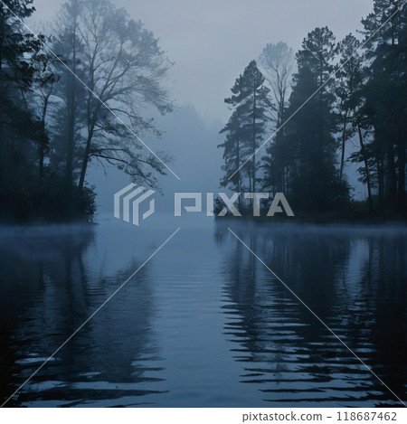 A lake with morning mist flowing through it 118687462