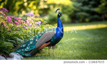 beautiful peacock in garden in summer 118687635