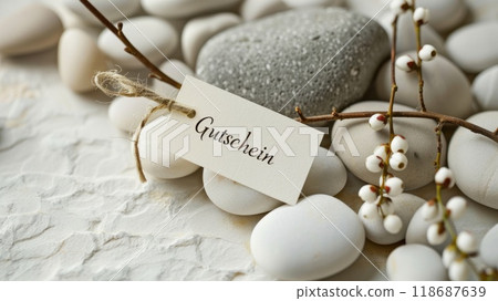 paper label with german word voucher on spa and wellness background with zen stones paper label with german word voucher on spa and wellness background with zen stones 118687639