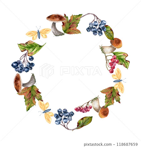 Watercolor autumn frame with mushroom of brown cap, red maple leaves and black chokeberry isolated. Rowan red berry branch with bolete hand drawn. Fall wreath of forest plants, butterfly botanical art 118687659