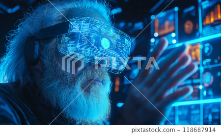 An elderly man engages with futuristic technology. The concept of how technology bridges generational gaps and enhances accessibility for all ages. Generative AI. 118687914