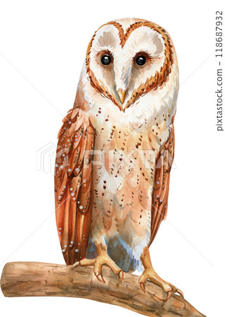 Owl illustration, detailed watercolor bird hand-painted isolated on white for wildlife art, home decor, Design Projects 118687932