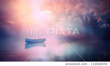 一艘船漂浮在霧濛濛的湖面上的夢幻景色 118688056