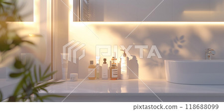 A modern bathroom interior featuring elegant toiletries and soft lighting A modern bathroom interior featuring elegant toiletries and soft lighting 118688099