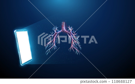AAbstract blue mobile phone, white screen and bronchial tree Telemedicine, healthcare medical concept Low poly futuristic technology digital style 118688127