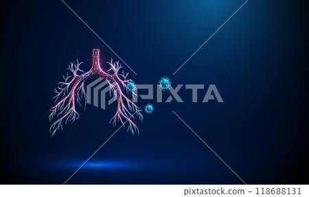 Abstract red bronchial tree with viruses outside. Respiratory and viral lung diseases, healthcare protection medical concept 118688131