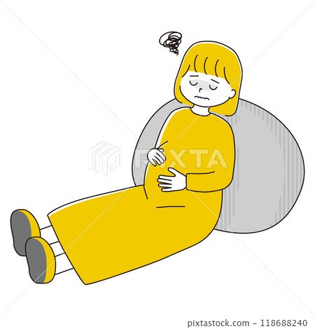 Illustration of a pregnant woman leaning against a cushion in pain 118688240