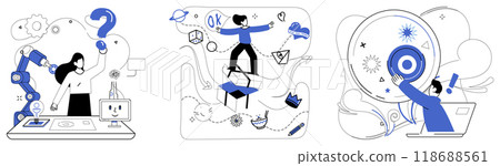 Change management vector illustration. Strategic innovation is microscope through which businesses examine intricate details improvement Progress in business strategy is golden path leading 118688561