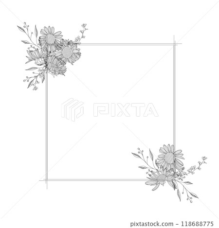 Monochrome line drawing, frame with sunflowers Monochrome line drawing, frame with sunflowers 118688775