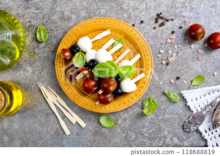 A plate with Italian salad caprese canape 118688819