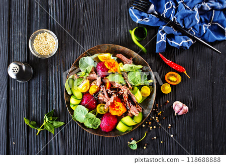 salad with meat and dragon fruit< vegetable with metat 118688888