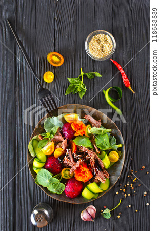 salad with meat and dragon fruit< vegetable with metat 118688889