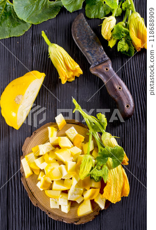 Fresh patisons on wooden table Fresh patisons on wooden table 118688909