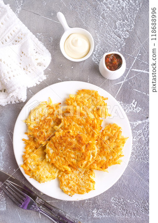 Potato Pancakes on white plate, vegetable pancakes Potato Pancakes on white plate, vegetable pancakes 118688996