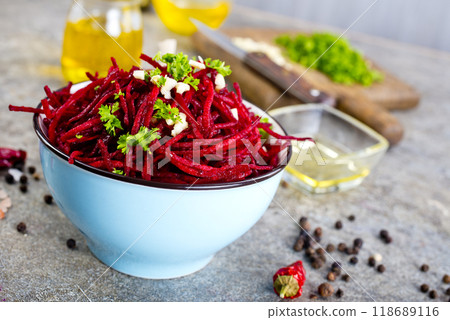 delicious fresh beet salad on gray stone background. 118689116