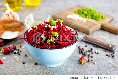 delicious fresh beet salad on gray stone background. delicious fresh beet salad on gray stone background. 118689118