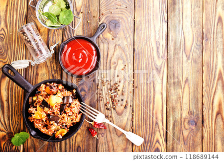 fried rice with vegetables, rice with eggplant and onion fried rice with vegetables, rice with eggplant and onion 118689144