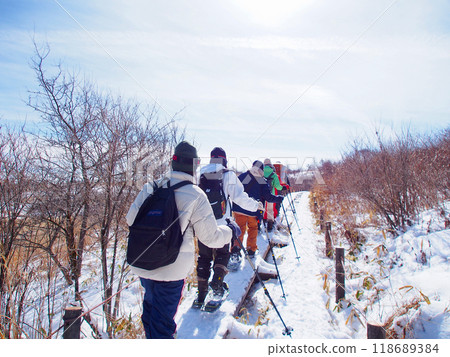 在薄雪覆蓋的屋島濕地進行雪鞋徒步 在薄雪覆蓋的屋島濕地進行雪鞋徒步 118689384
