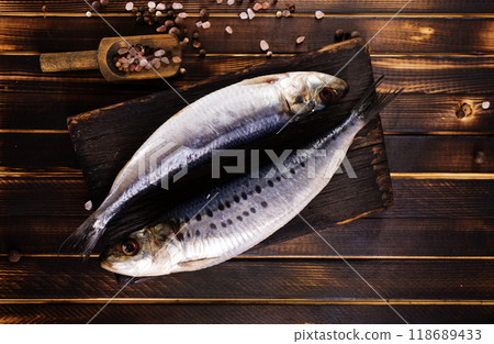 Herring or Baltic herring on wooden table 118689433