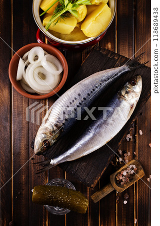 Herring or Baltic herring on wooden table 118689438