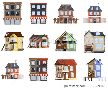 Renovation concept. Set of houses in different stages of renovation from old and dilapidated to modern and restored. Ideal for architecture, construction, home improvement, interior design, real 118689465