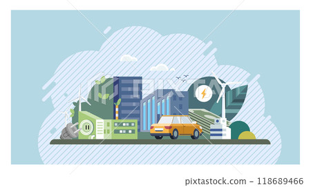 Clean energy concept. A city scene showing a modern electric car at a charging station, wind turbines, solar panels, and eco-friendly buildings with greenery. Ideal for sustainable living, urban 118689466